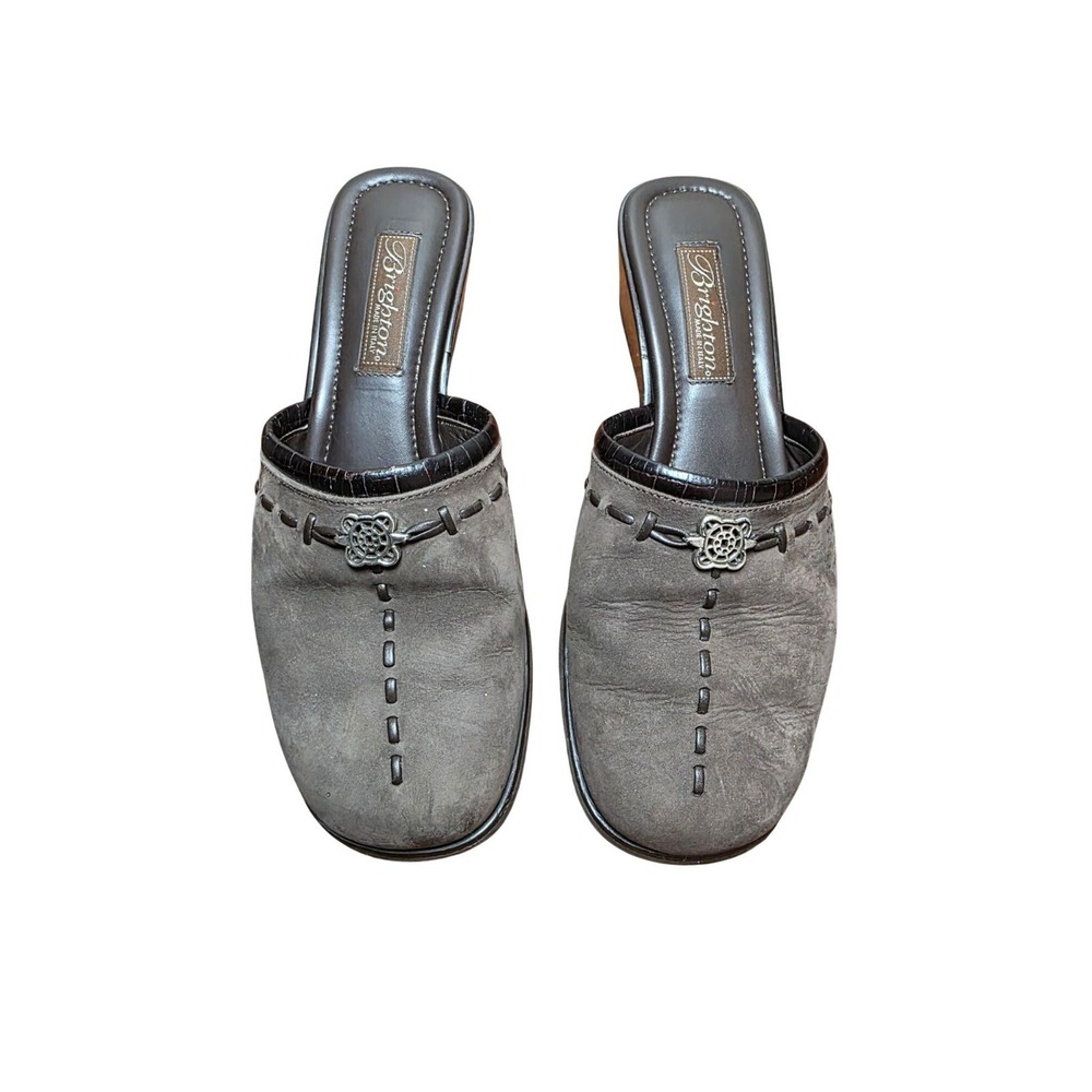 Brighton Women's 7.5 Brown Suede Slip-On Wedge Mules Metal Accent Made In Italy
